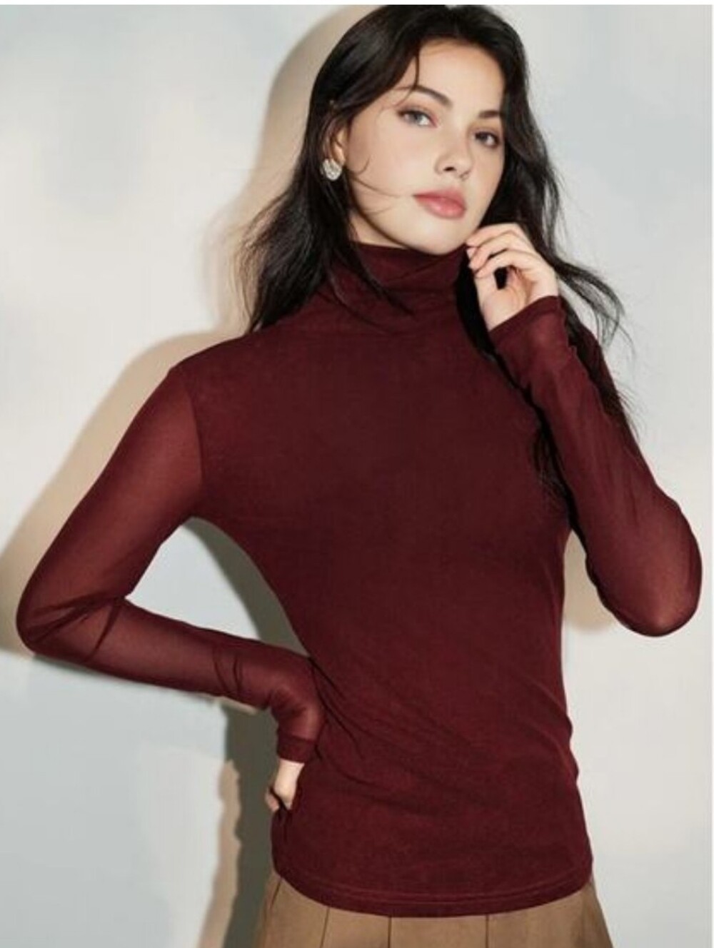 Commense Minimalist Mock/Turtleneck Jersey Top-Sheer Sleeve- Burgundy